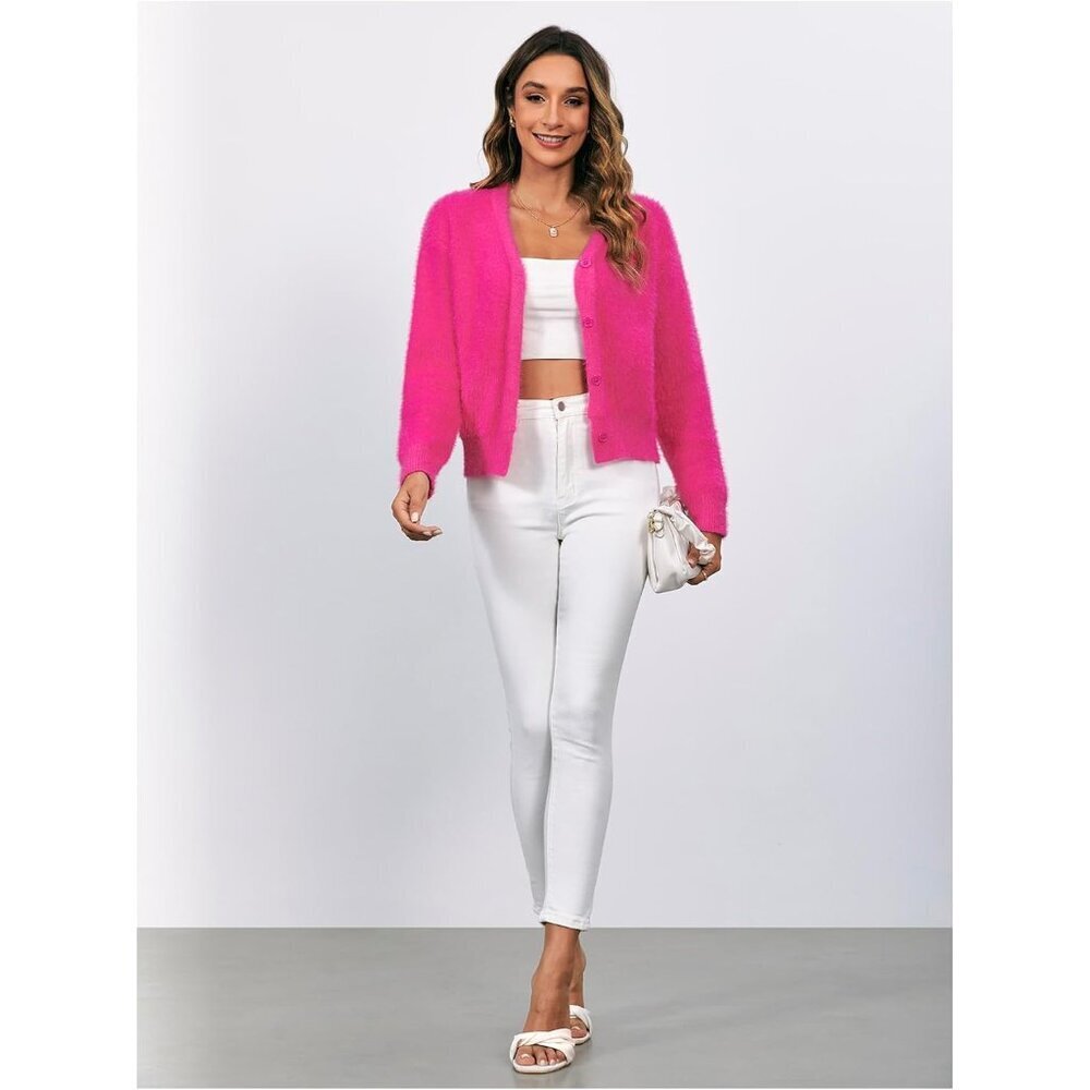 Women's Fuzzy Acrylic V Neck Button Down Long Sleeve Crop Cardigan - Picture 6 of 6